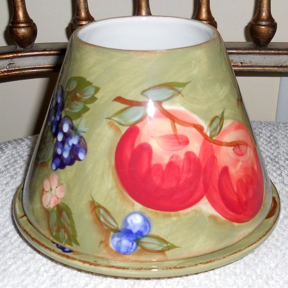Yankee Candle Jar Candle Shade Topper and Plate Olive Green w/Fruits Flowers